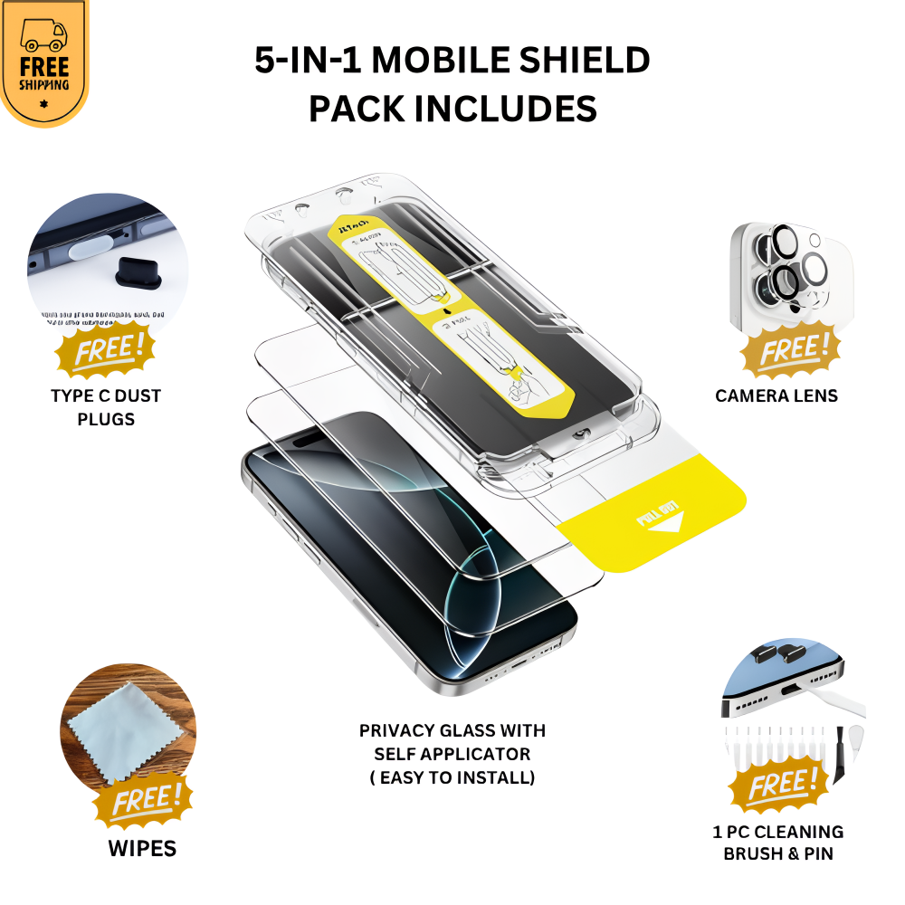 5-IN-1 Mobile Shield Pack ( Privacy glass, Camera Lens, Dust Cleaning Kit )